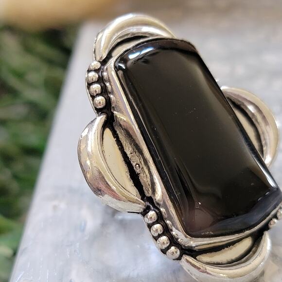 Black Stone Statement Ring, Sterling Silver Ring, 1.27 Inch Stone, Size 7.25 - Picture 2 of 9